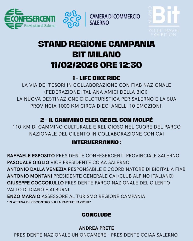 Confesercenti Salerno: presentato a bordo dello stand Regione Campania “Life Ride Bike”, 1.300 km di turismo lento tra vette, borghi e mare